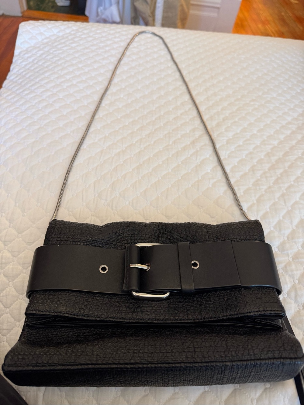 All Saints Black Textured Leather Belt-Accent Chain Strap Clutch